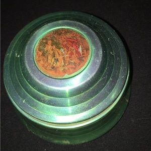 Vintage Green Metal Powder Trinket Music Box Plays “I Love You Truly” /129